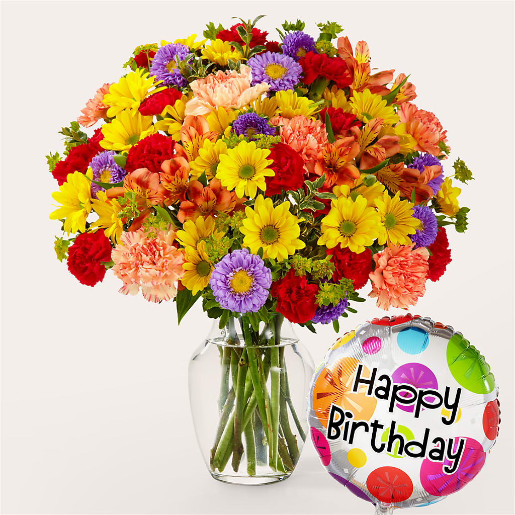 Kaleidoscope Bouquet with Birthday Balloon – Indiana Floral/flower Boutique, Indiana PA