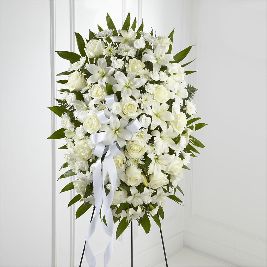 Exquisite Tribute Standing Spray-White Ribbon – Indiana Floral/flower Boutique, Indiana PA