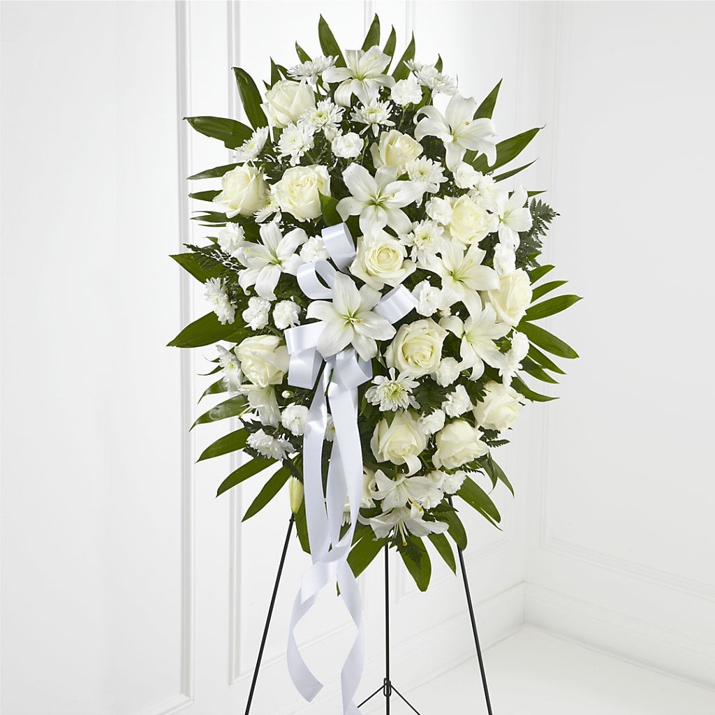 Exquisite Tribute Standing Spray-White Ribbon – Indiana Floral/flower Boutique, Indiana PA